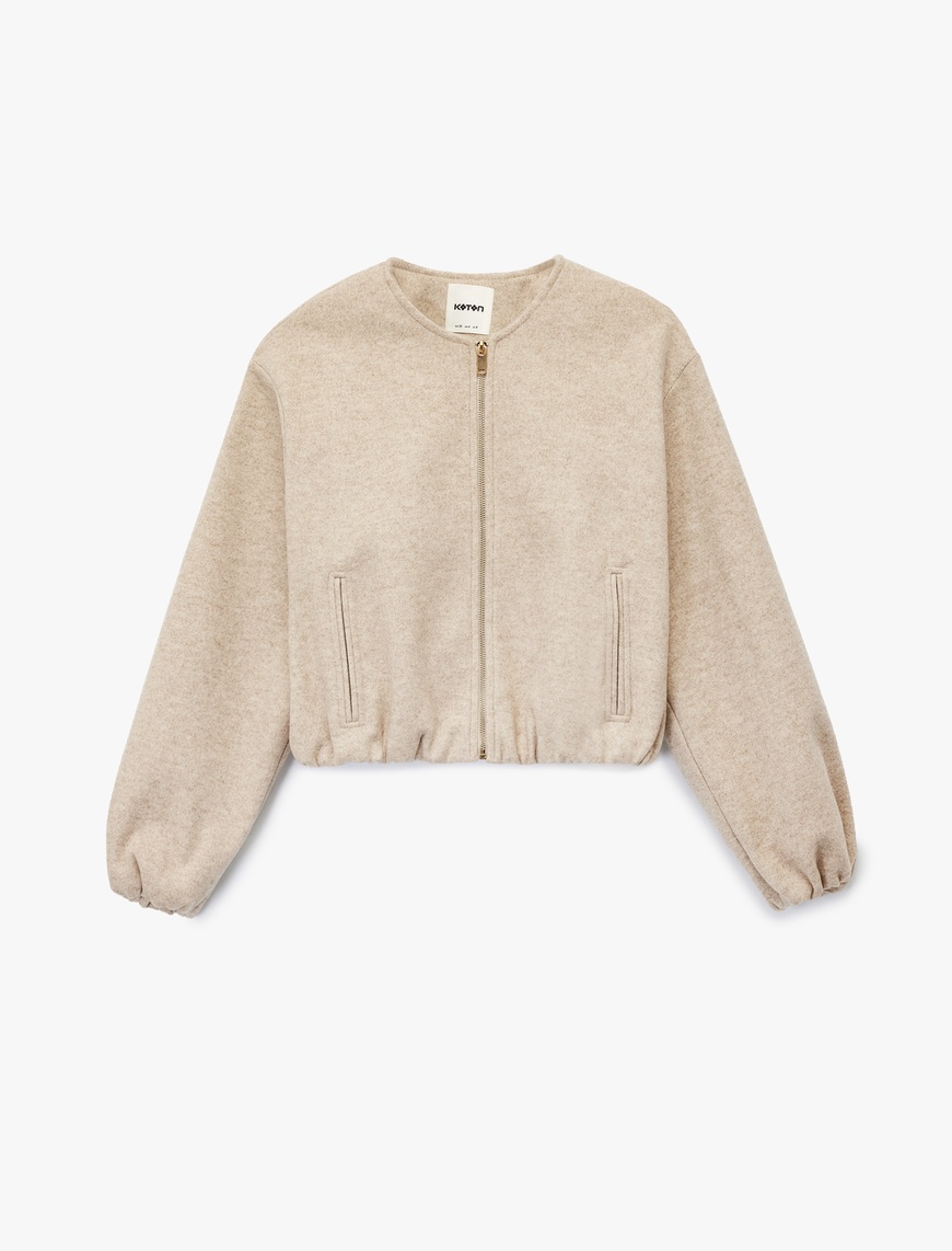   Fermuarlı Bisiklet Yaka Uzun Kollu Crop Kaşe Kolej Bomber Ceket