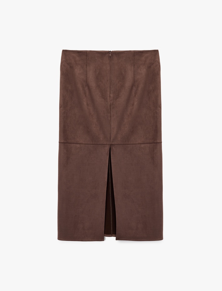  Koton X Sima Tarkan - Dikiş Detaylı Yırtmaçlı Midi Suni Süet Kalem Etek