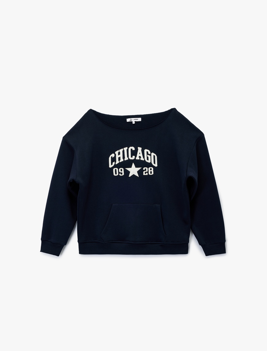   Nakışlı Şardonlu Kanguru Cepli Kayık Yaka Oversize Sweatshirt