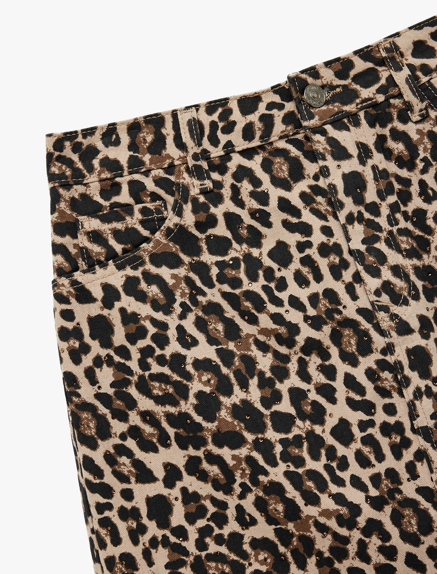   Yüksek Bel Leopar Desenli Taş Detaylı Mini Etek