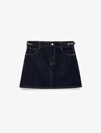 Kemer Detaylı A Kesim Mini Denim Etek