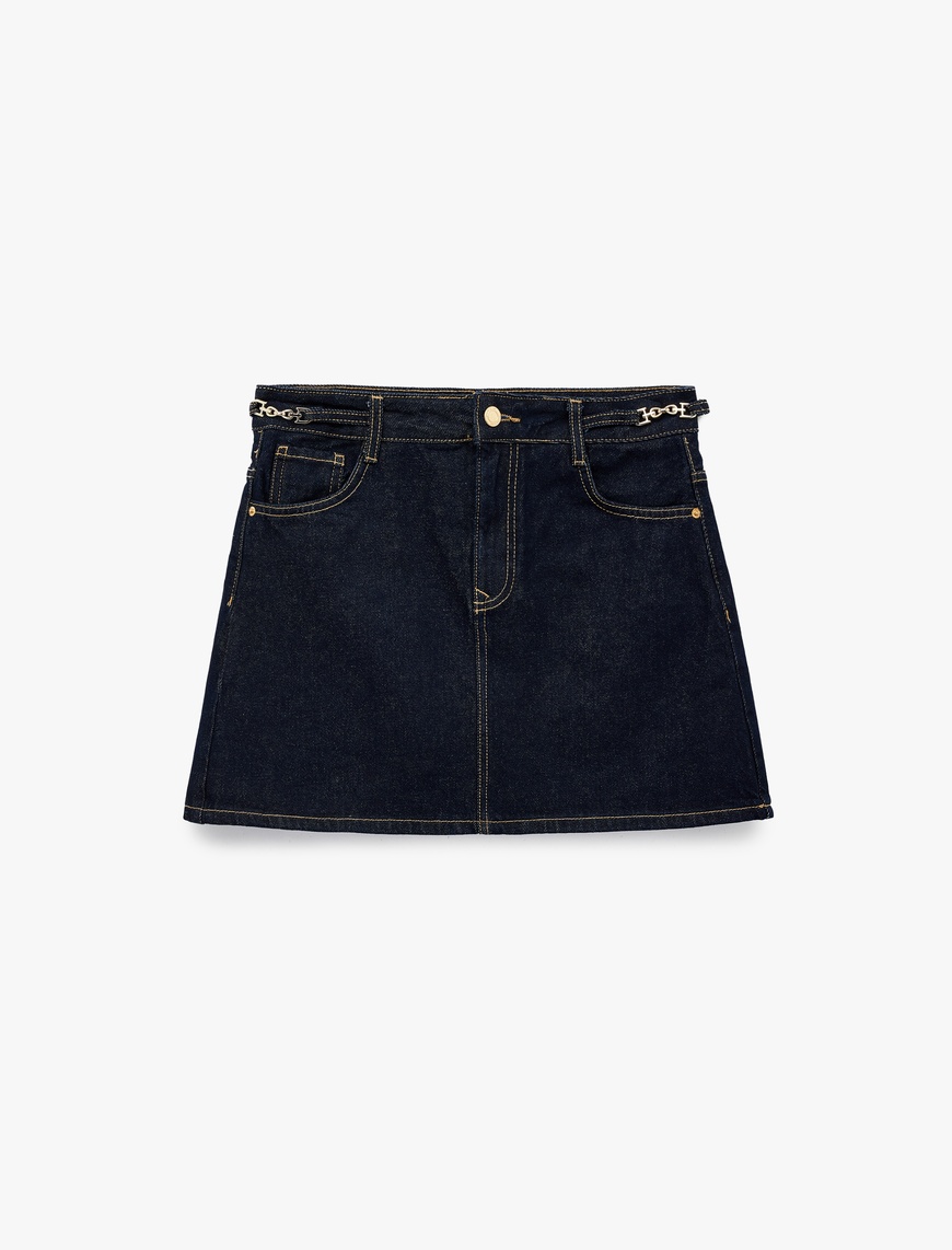   Kemer Detaylı A Kesim Mini Denim Etek