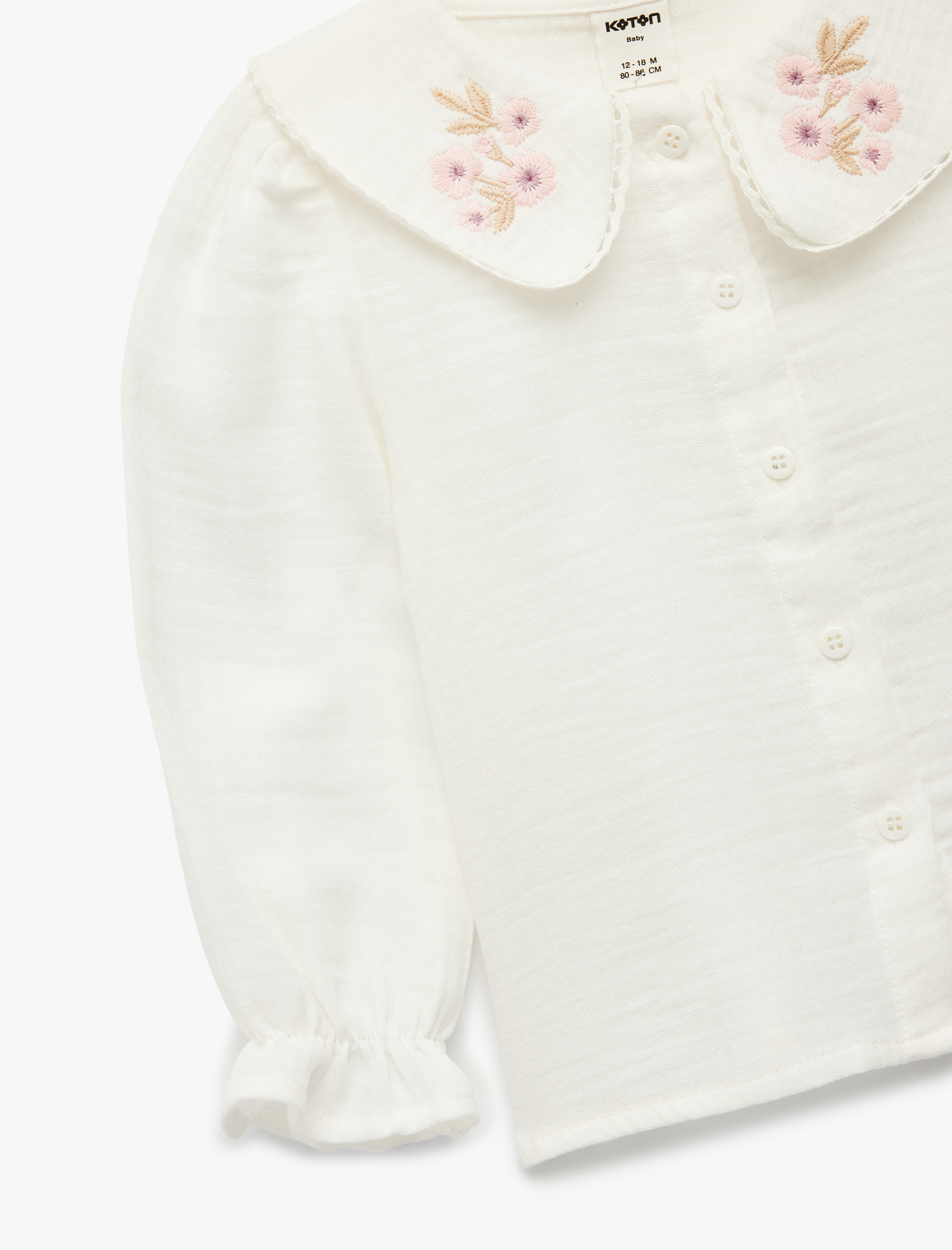  Kız Bebek Uzun Kollu Çiçek İşlemeli Pamuklu Bebe Yaka Gömlek