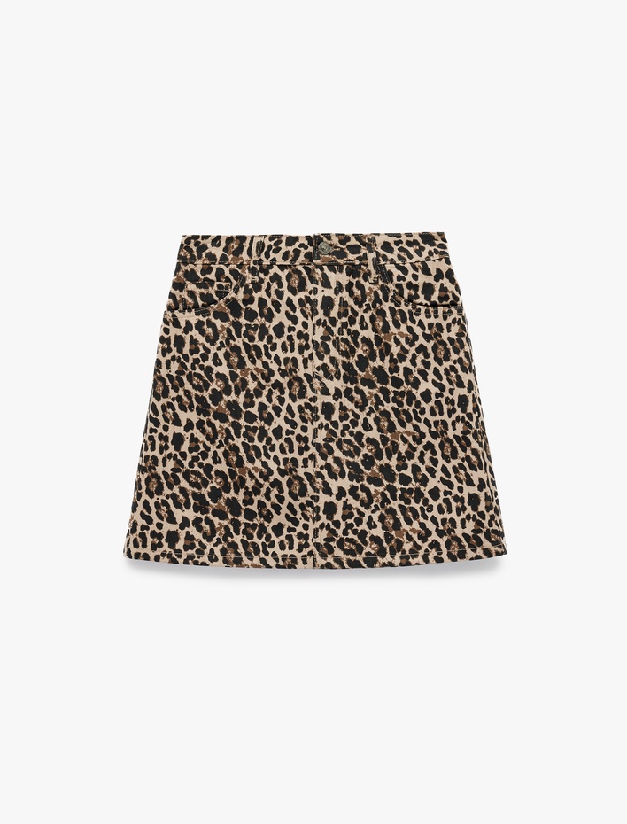  Yüksek Bel Leopar Desenli Taş Detaylı Mini Etek
