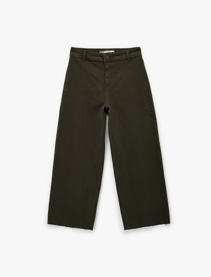   Yüksek Bel Düğmeli Cepli Rahat Kalıp Geniş Paça Denim Pantolon - Culotte Jeans