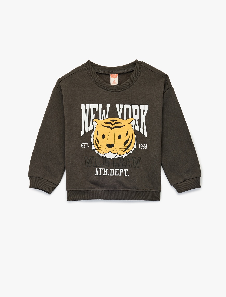  Erkek Bebek Şardonlu Uzun Kollu Bisiklet Yaka Kaplan Baskılı Sweatshirt