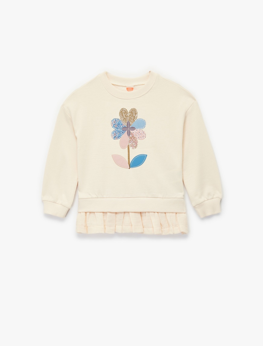  Kız Bebek Pamuklu Uzun Kollu Bisiklet Yaka Çiçek Desenli Sweatshirt