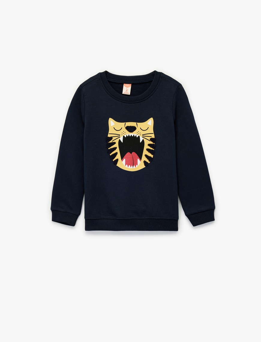  Erkek Bebek Pamuklu Uzun Kollu Bisiklet Yaka Kaplan Nakışlı Sweatshirt