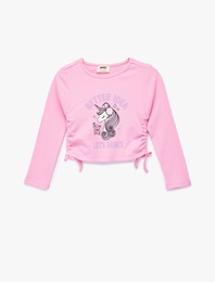 Unicorn Baskılı Uzun Kollu Bisiklet Yaka Ribanalı Crop Tişört