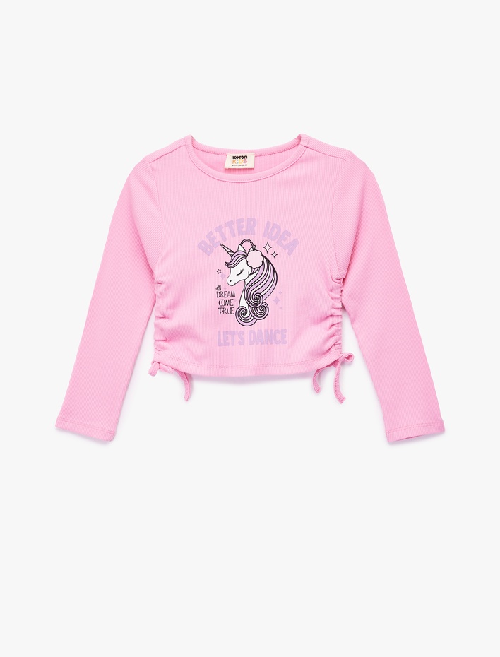 Kız Çocuk Unicorn Baskılı Uzun Kollu Bisiklet Yaka Ribanalı Crop Tişört