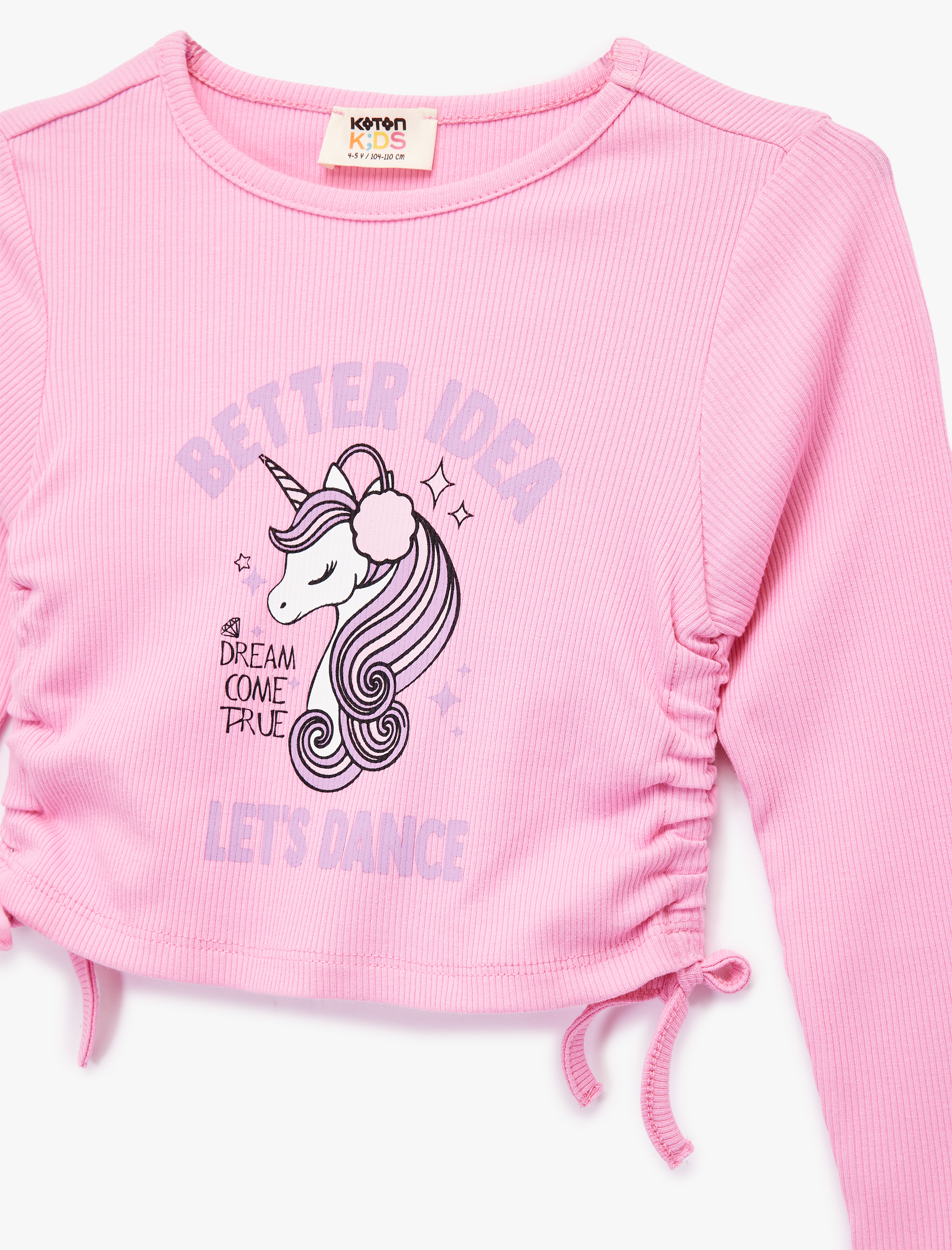  Kız Çocuk Unicorn Baskılı Uzun Kollu Bisiklet Yaka Ribanalı Crop Tişört