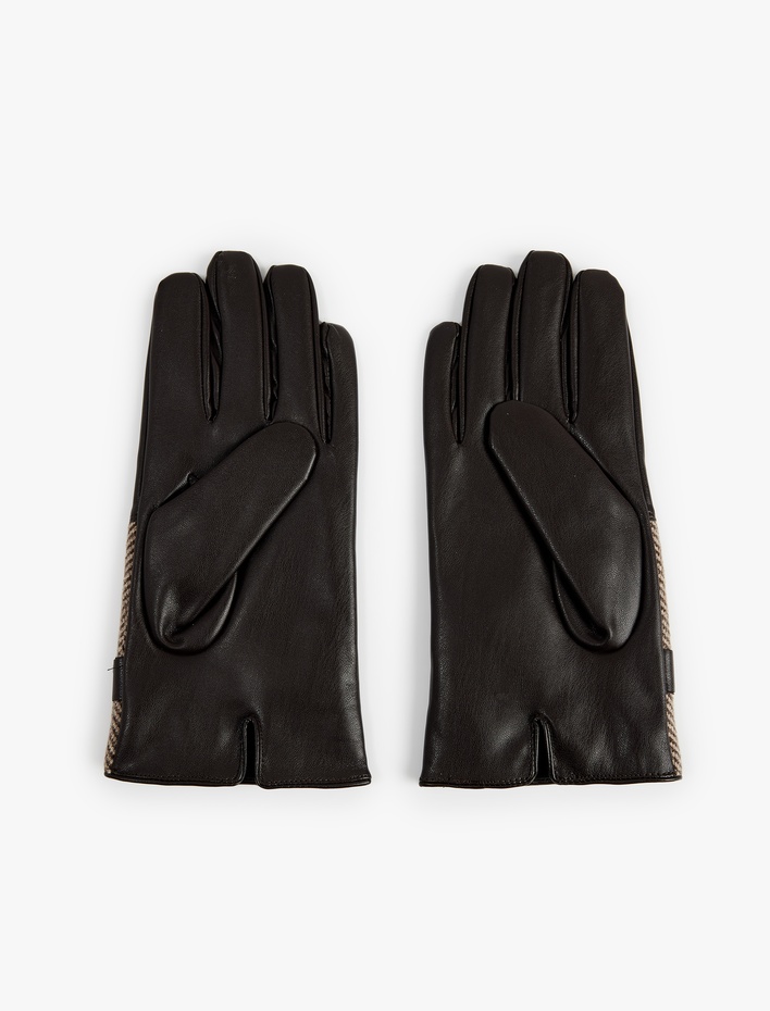 Erkek Çıtçıt Düğmeli Balıksırtı Desenli Kumaş Detaylı Suni Deri Eldiven