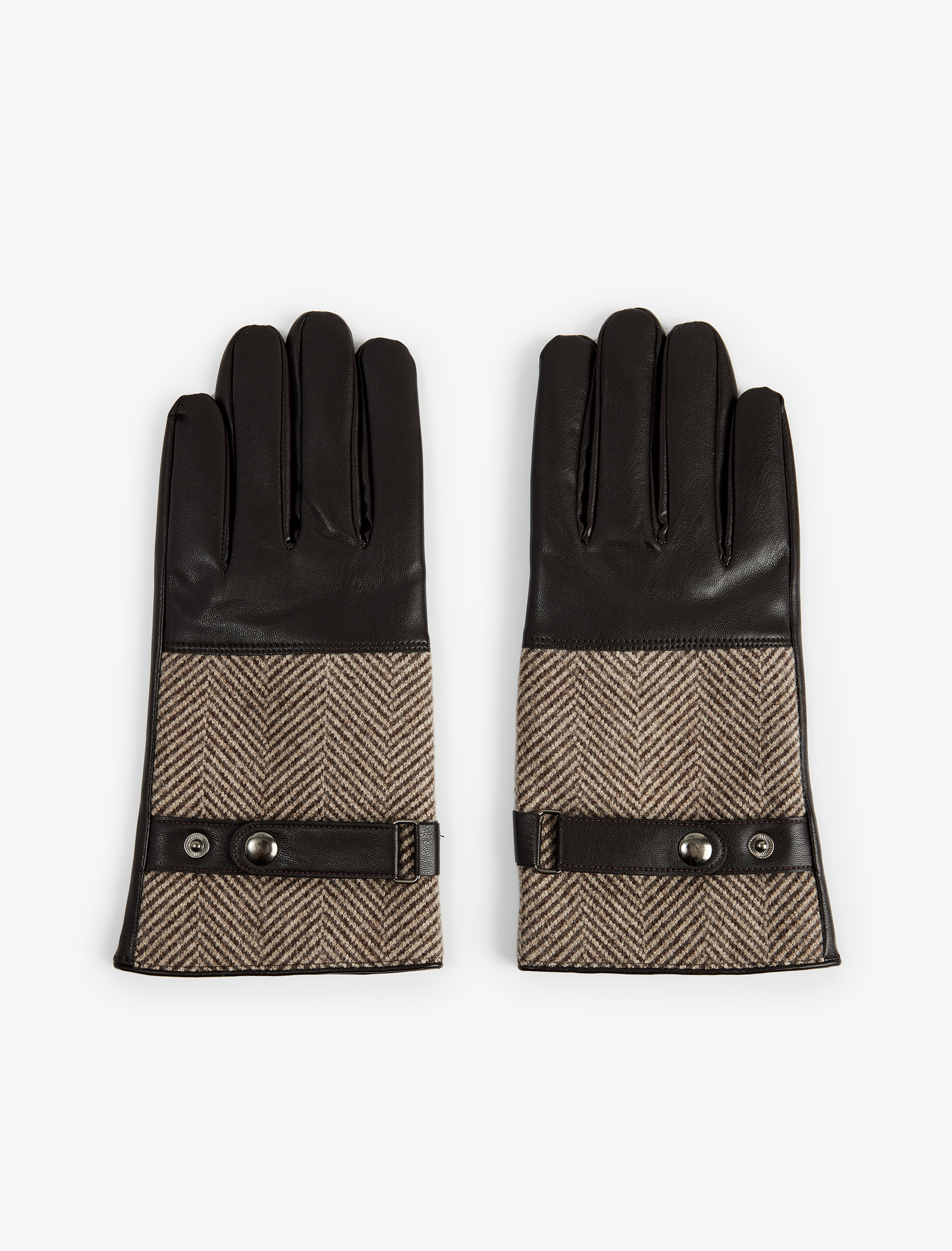  Erkek Çıtçıt Düğmeli Balıksırtı Desenli Kumaş Detaylı Suni Deri Eldiven