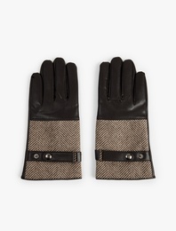 Çıtçıt Düğmeli Balıksırtı Desenli Kumaş Detaylı Suni Deri Eldiven