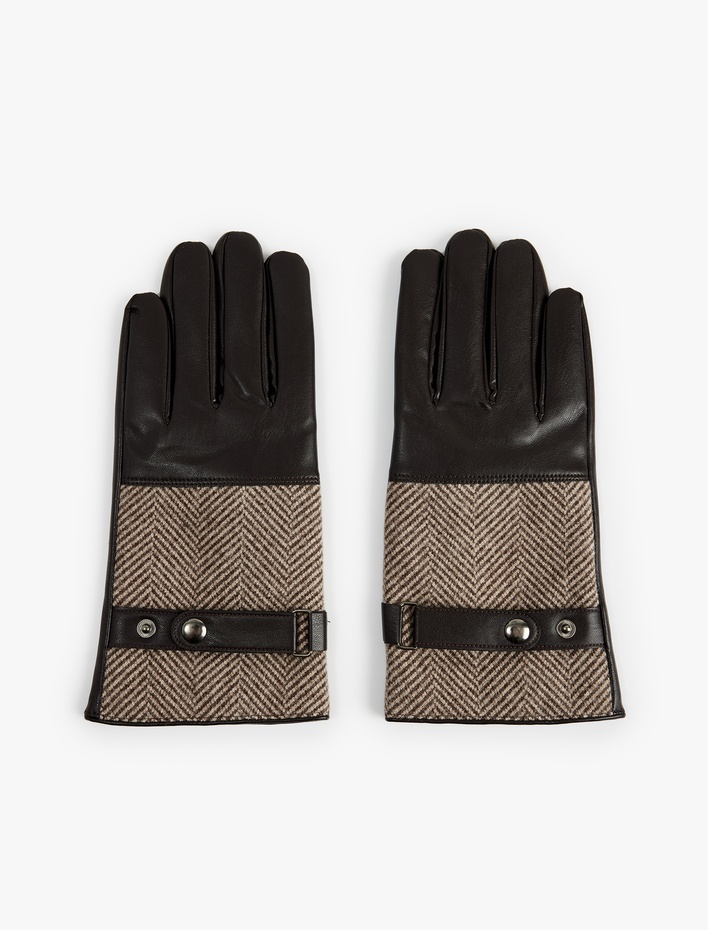 Erkek Çıtçıt Düğmeli Balıksırtı Desenli Kumaş Detaylı Suni Deri Eldiven