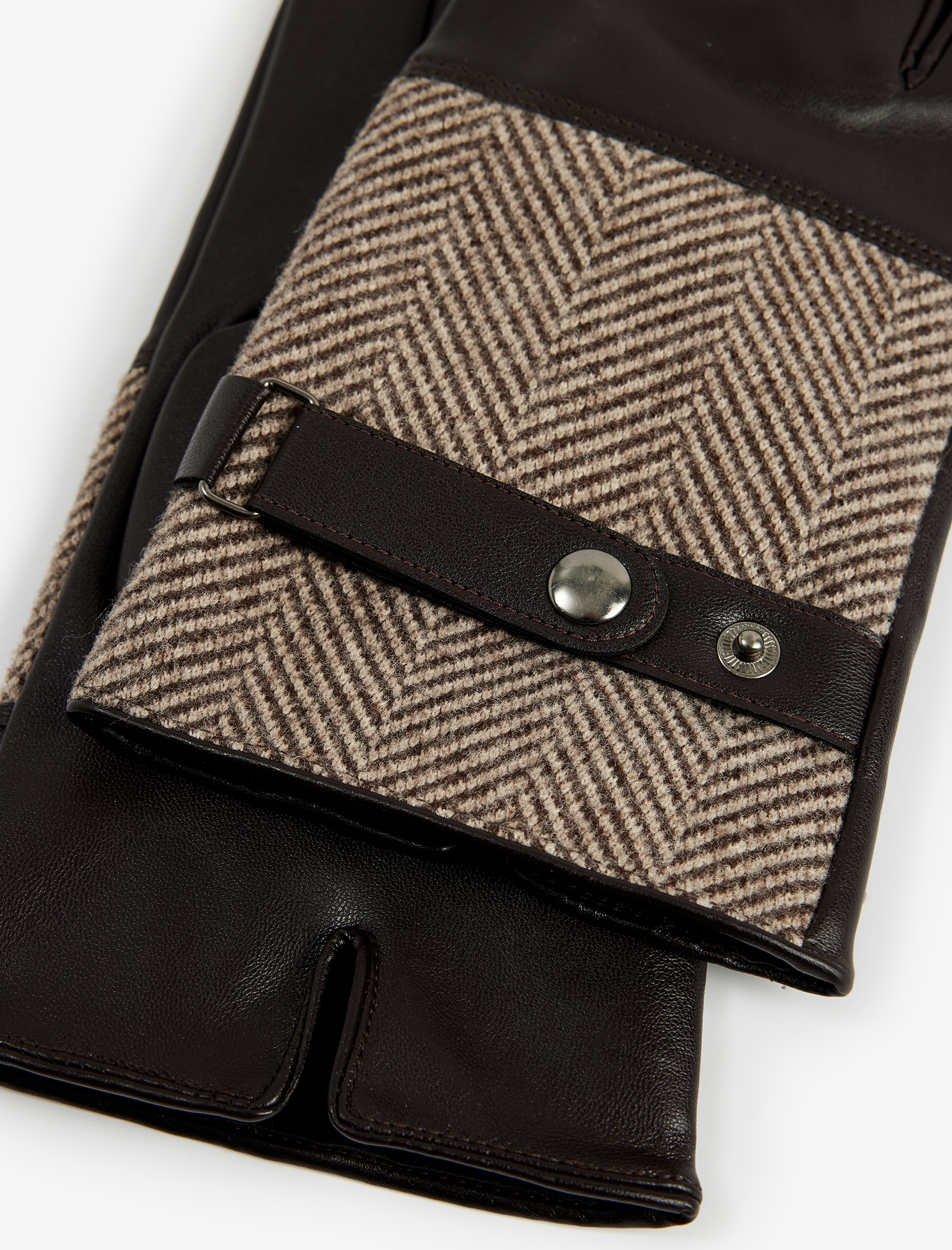  Erkek Çıtçıt Düğmeli Balıksırtı Desenli Kumaş Detaylı Suni Deri Eldiven