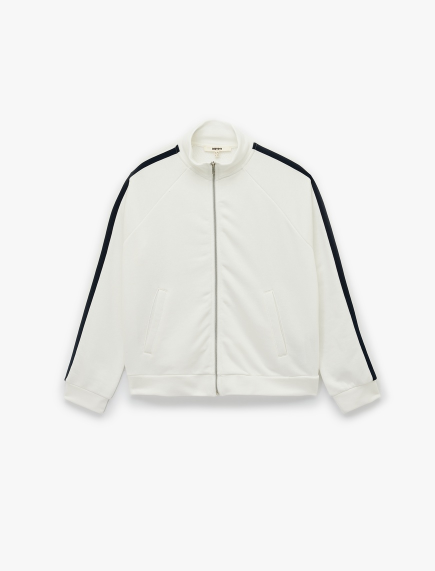  Üç İplik Şerit Detaylı Uzun Kollu Dik Yaka Fermuarlı Sweatshirt