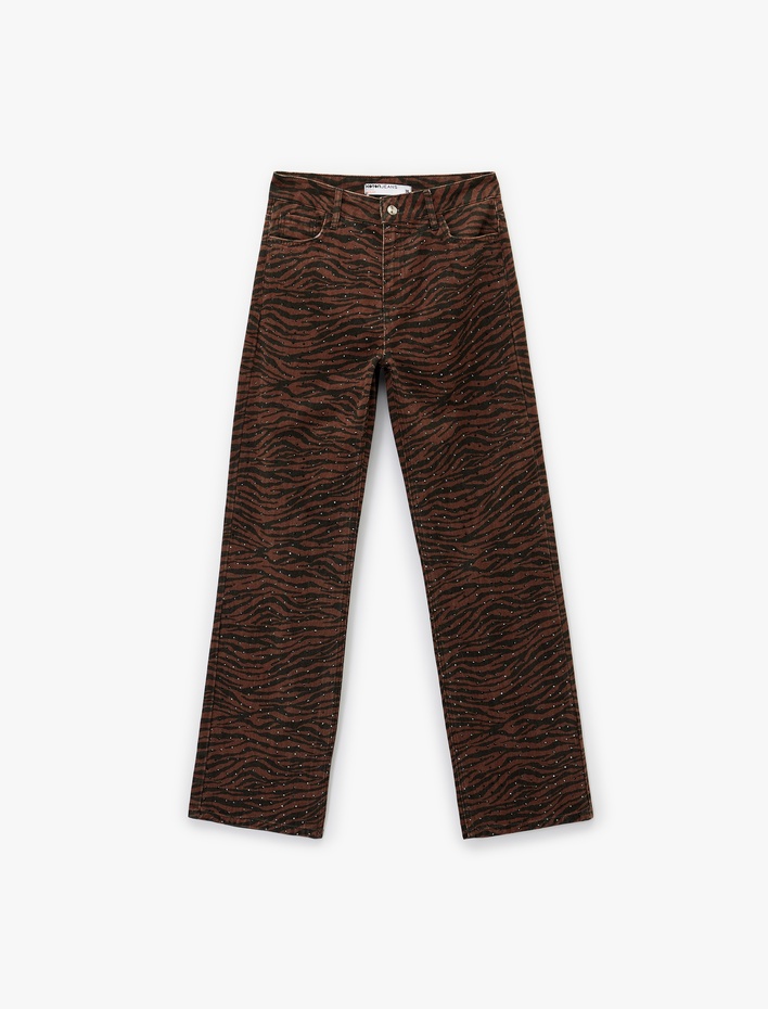  Pamuklu Taş Detaylı Düğmeli Cepli Leopar Desenli Jean Pantolon - Longer Straight Jean