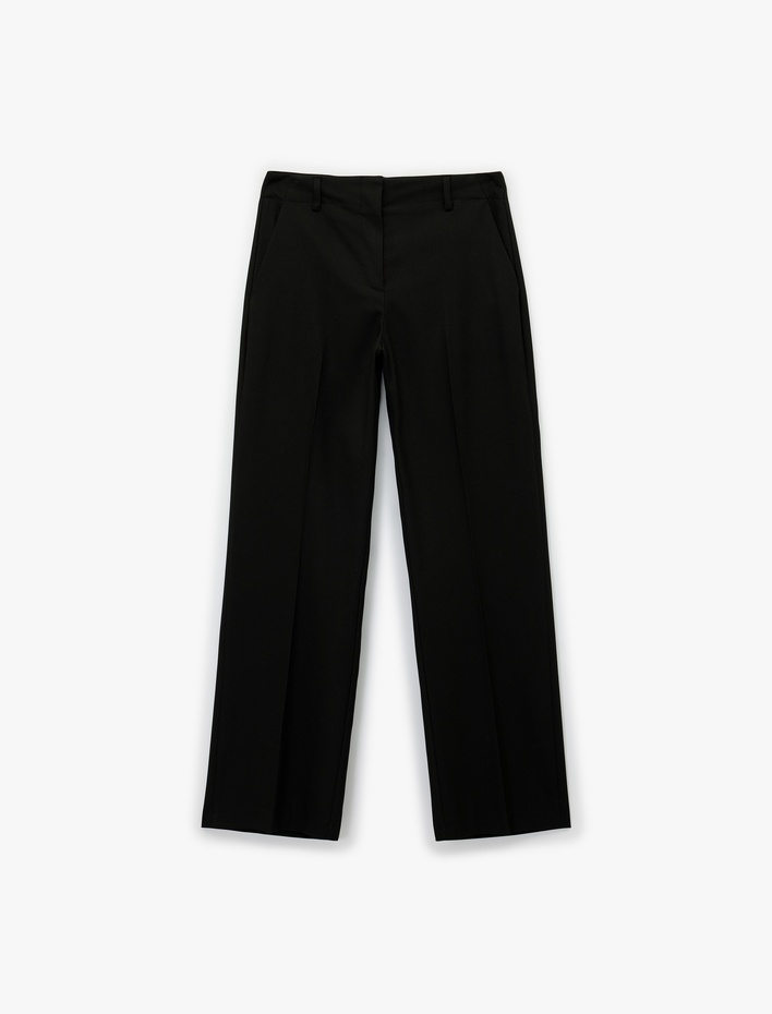  Yüksek Bel Geniş Paça Basic Kumaş Pantolon