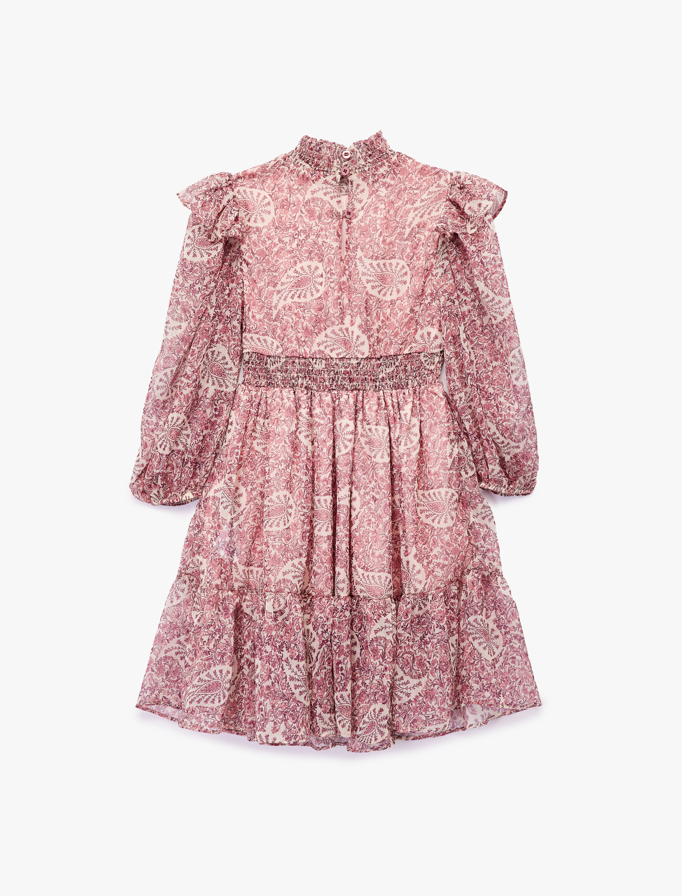  Kız Çocuk Uzun Kollu Dik Yaka Fırfır Detaylı Desenli Şifon Elbise