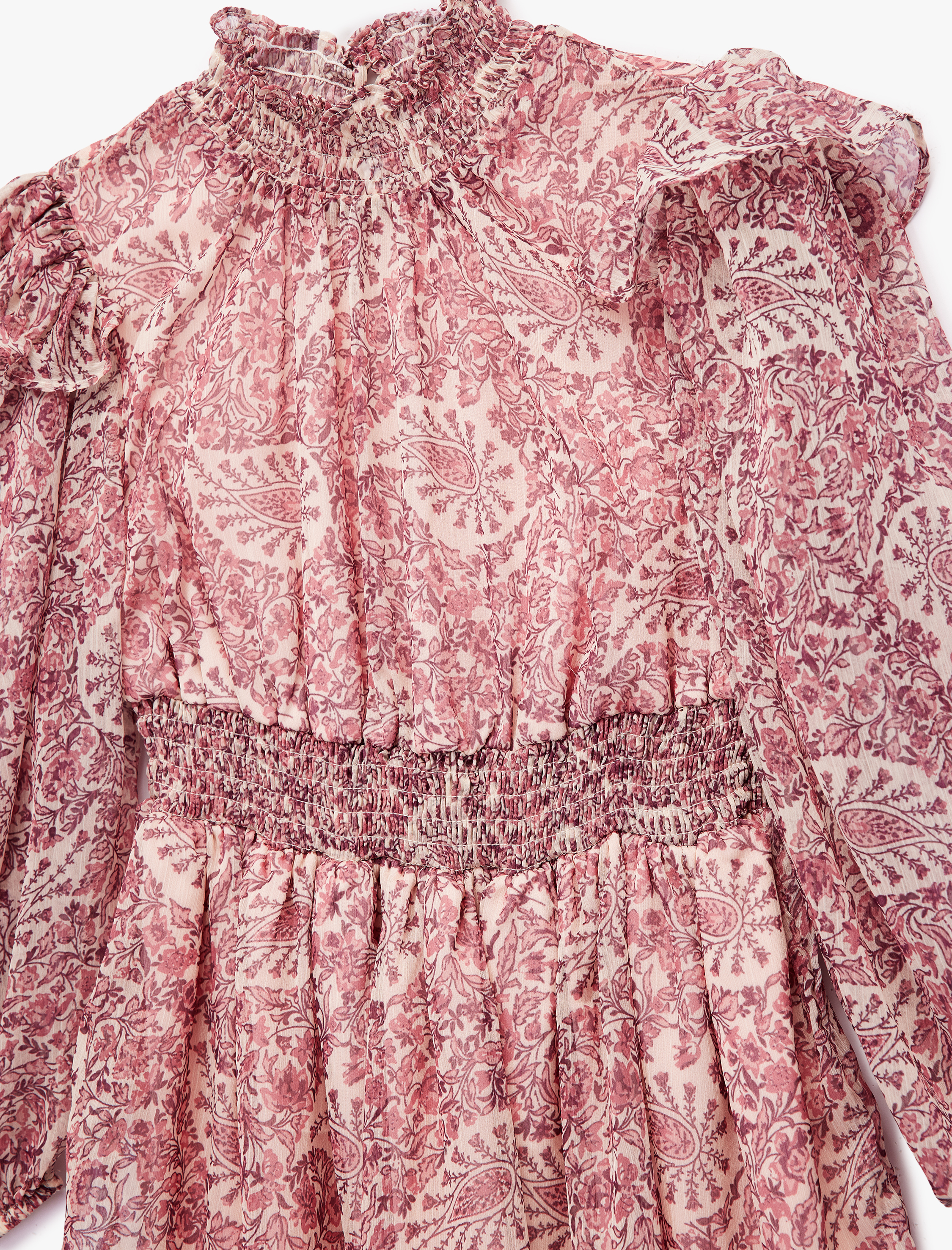  Kız Çocuk Uzun Kollu Dik Yaka Fırfır Detaylı Desenli Şifon Elbise