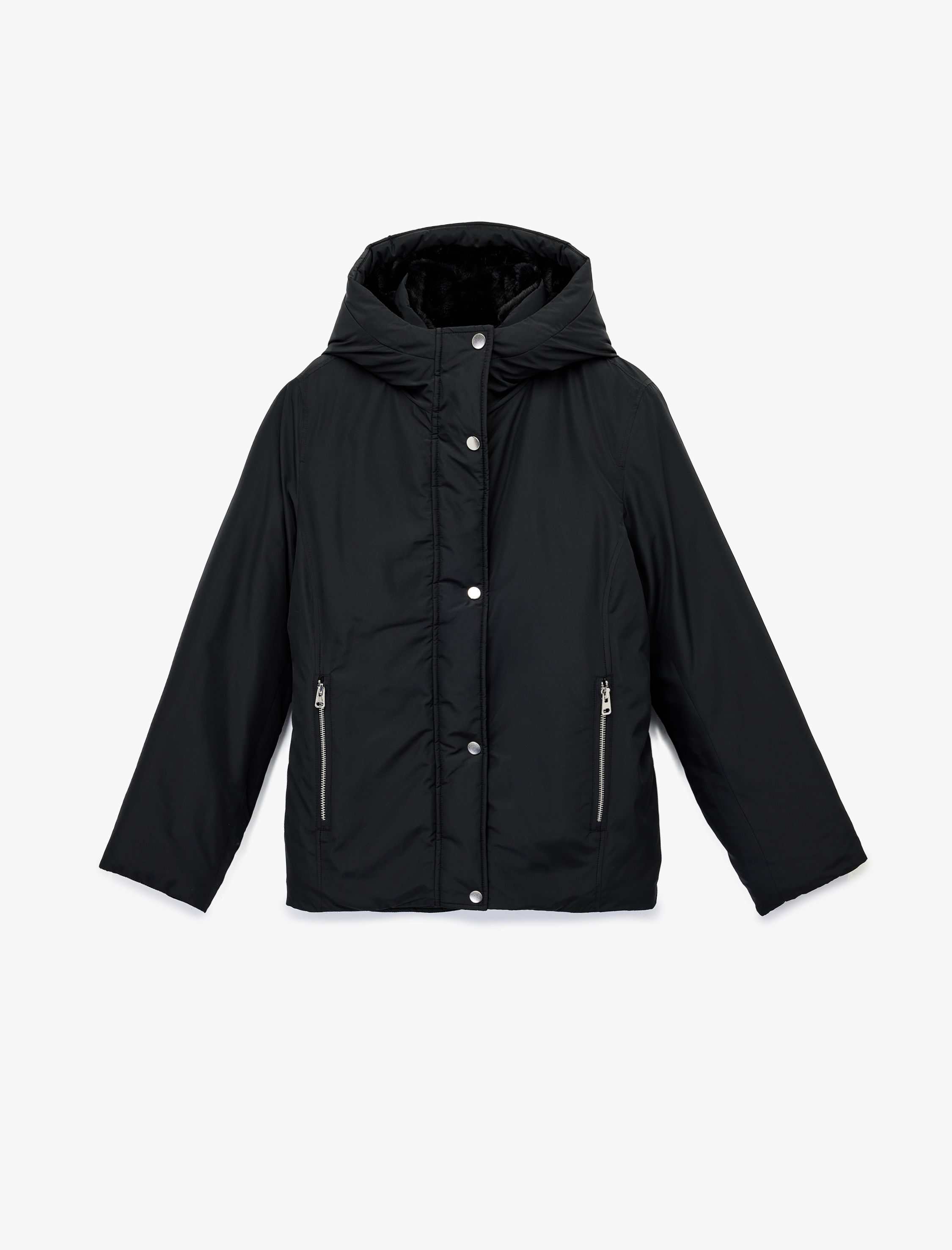   Kapüşonlu Uzun Kollu Fermuarlı Cep Detaylı Rahat Kalıp Mont