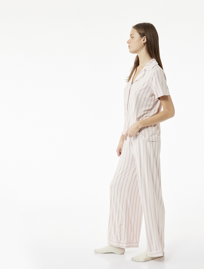  Rahat Kalıp Kısa Kollu Gömlek Yaka Çizgili Pijama Takımı
