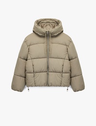 Rahat Kalıp Fermuarlı Kapüşonlu Kapitoneli Dik Yaka Şişme Mont