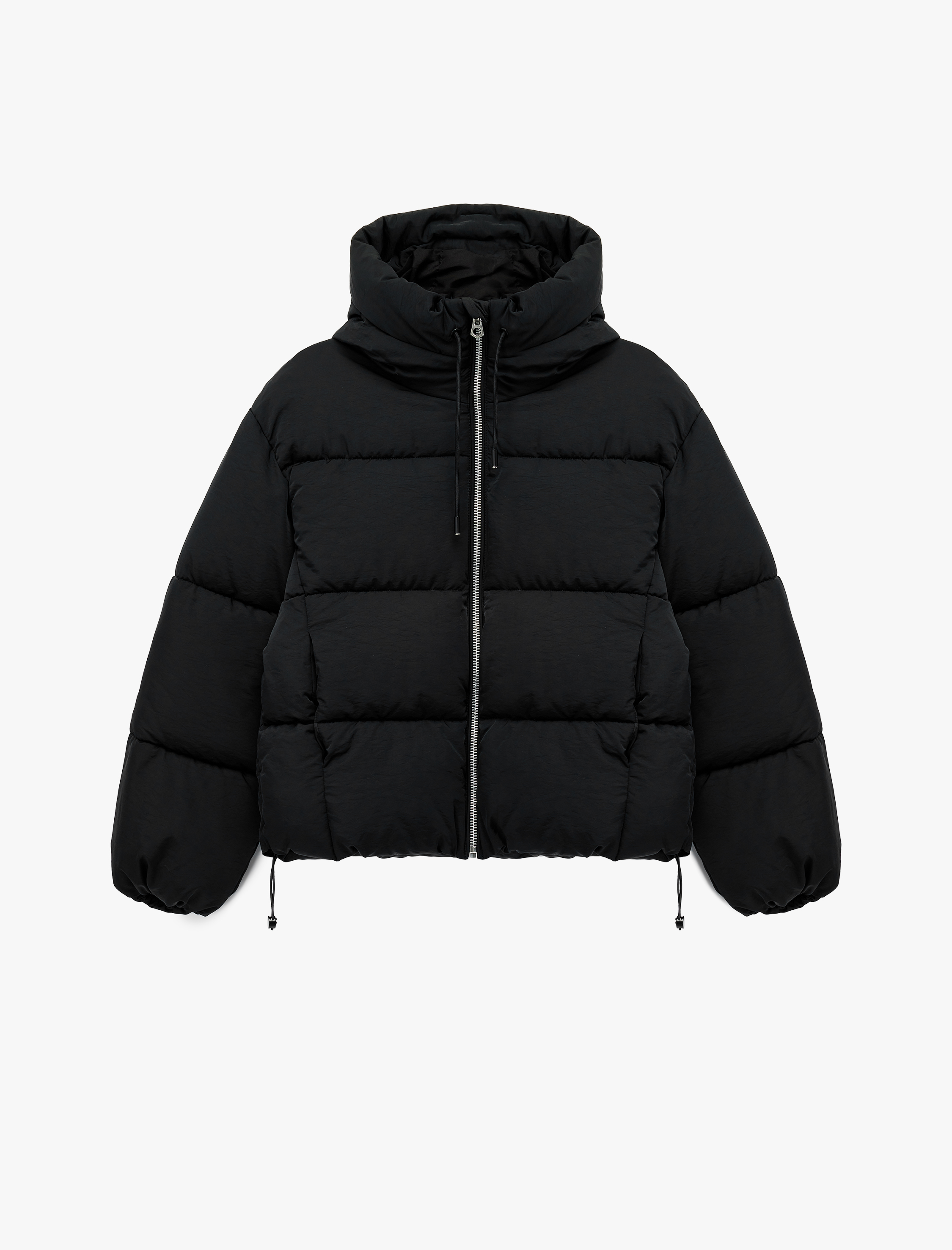   Rahat Kalıp Fermuarlı Kapüşonlu Kapitoneli Dik Yaka Şişme Mont