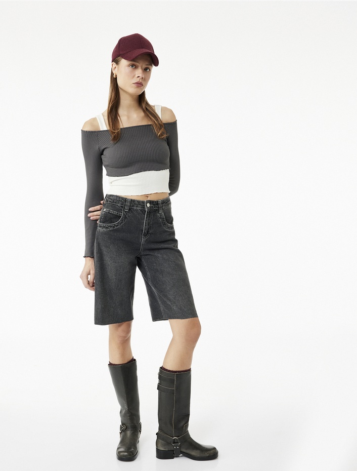  Omzu Açık Uzun Kollu Atlet Detaylı Crop Tişört