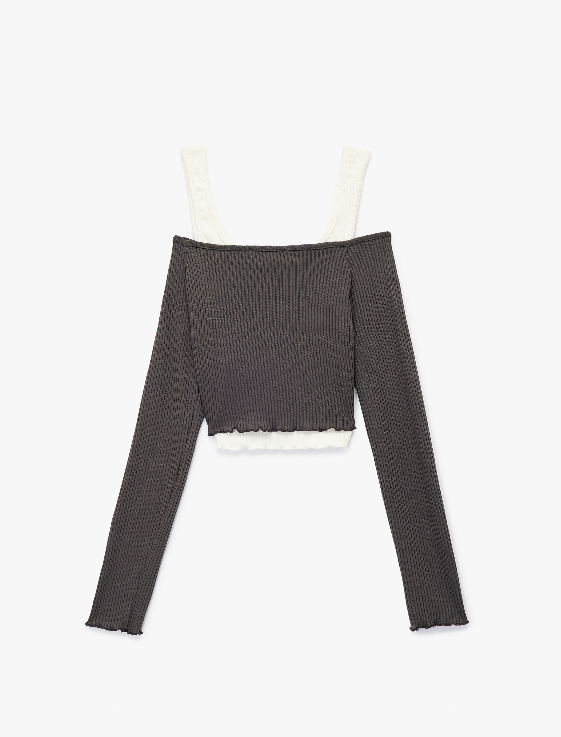   Omzu Açık Uzun Kollu Atlet Detaylı Crop Tişört