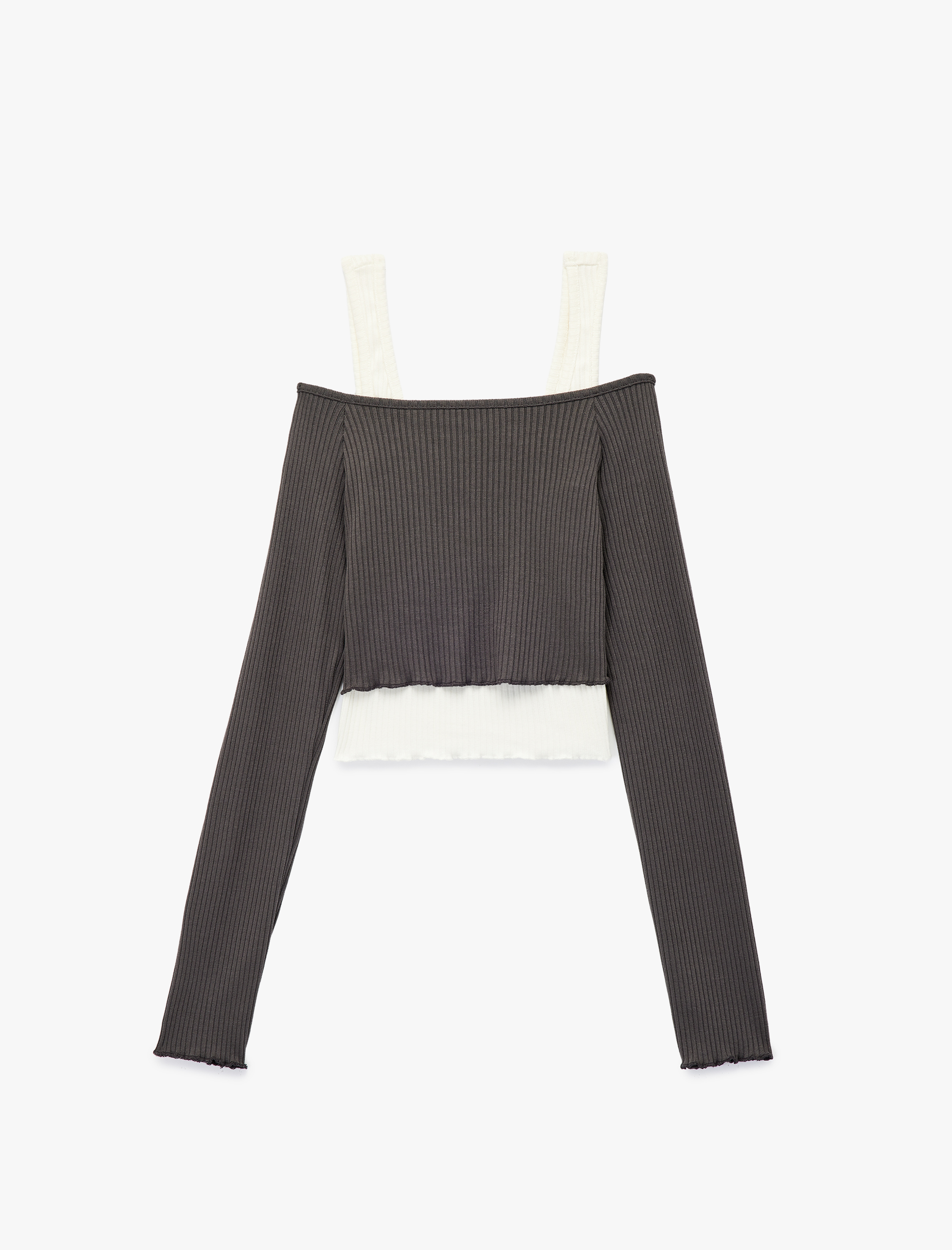   Omzu Açık Uzun Kollu Atlet Detaylı Crop Tişört