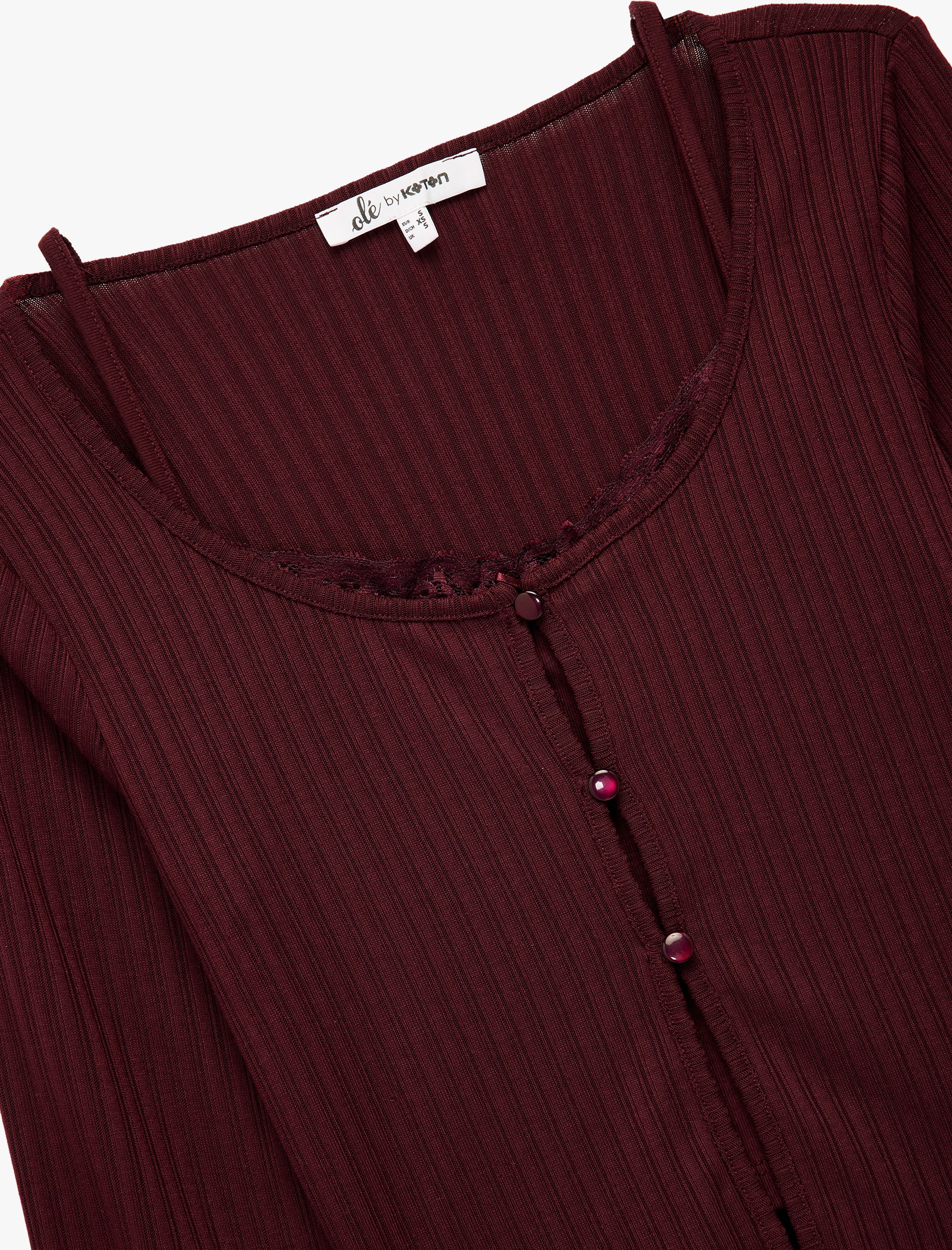   Slim Fit Bisiklet Yaka Atlet Detaylı Dantelli Fitilli Uzun Kollu Tişört