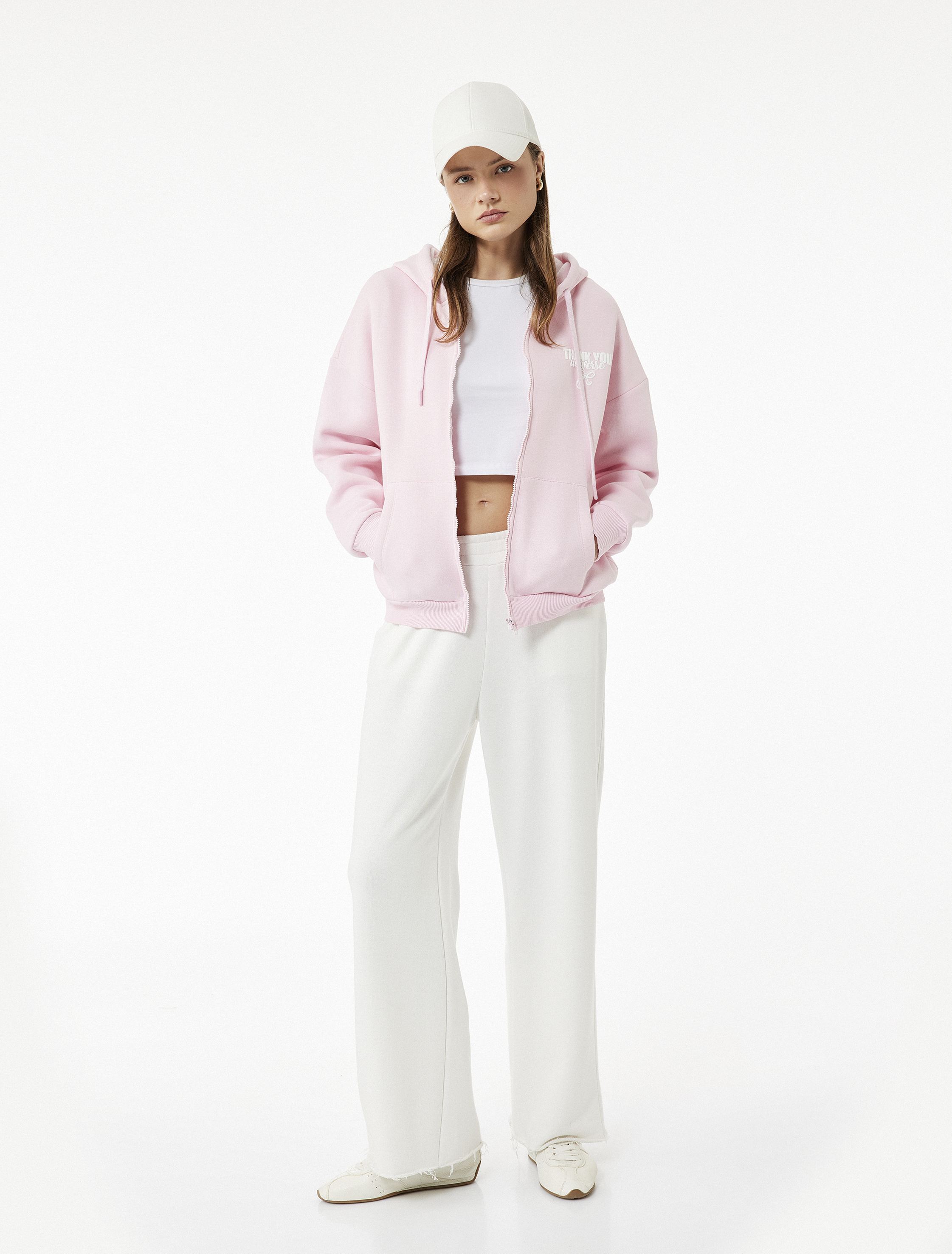   Şardonlu Fermuarlı Arkası Baskılı Cep Detaylı Kapüşonlu Oversize Sweatshirt