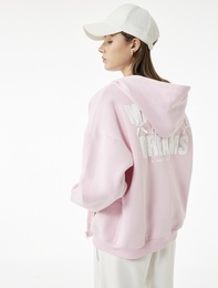Şardonlu Fermuarlı Arkası Baskılı Cep Detaylı Kapüşonlu Oversize Sweatshirt