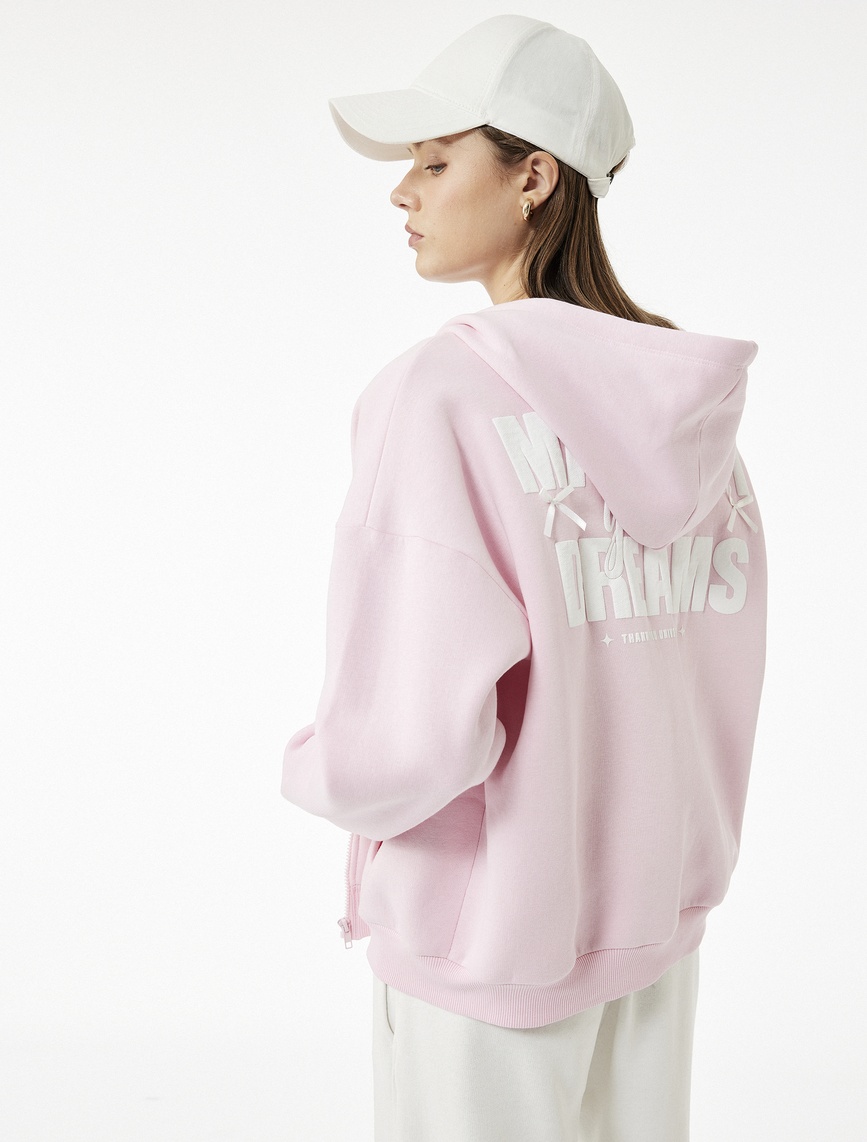  Şardonlu Fermuarlı Arkası Baskılı Cep Detaylı Kapüşonlu Oversize Sweatshirt