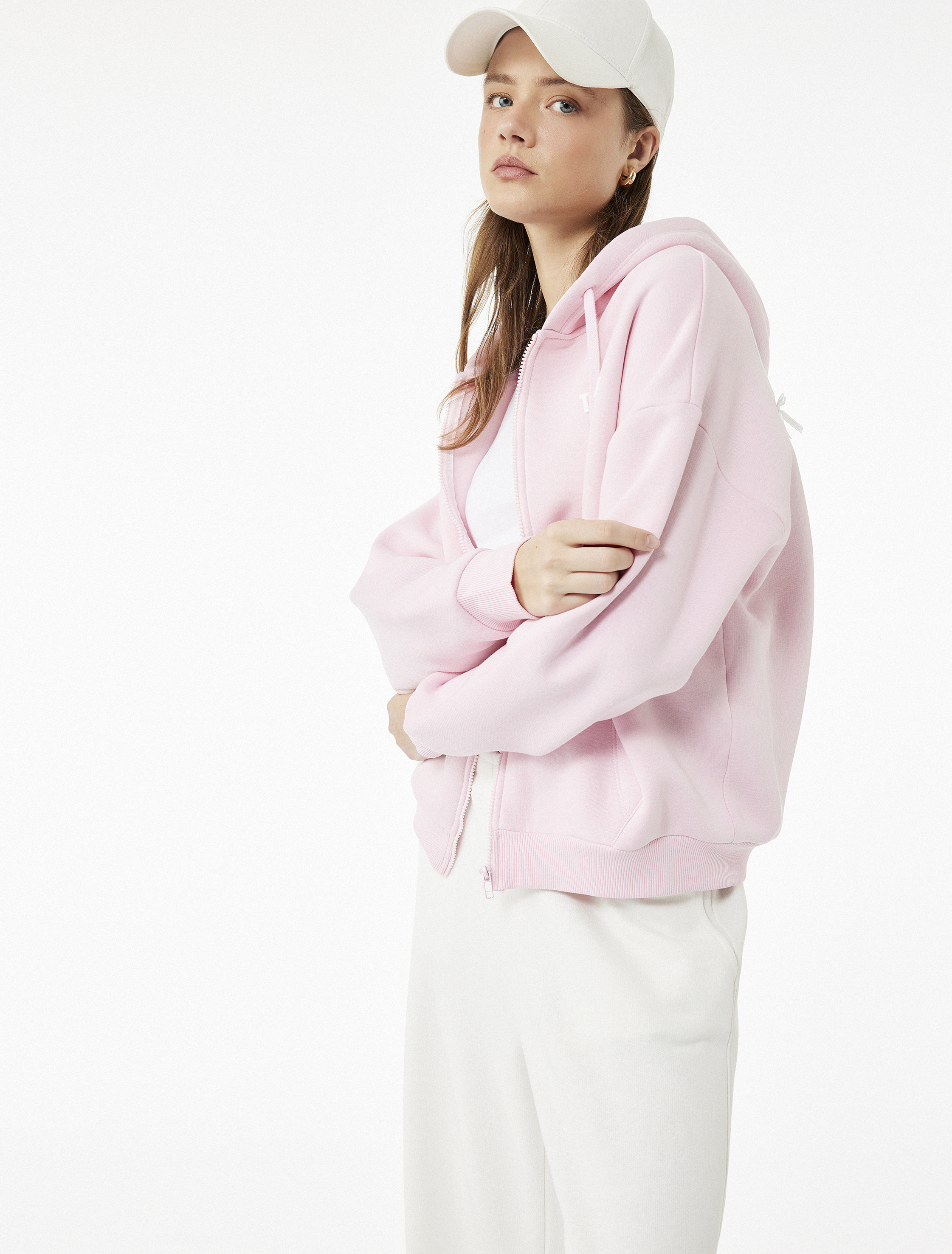   Şardonlu Fermuarlı Arkası Baskılı Cep Detaylı Kapüşonlu Oversize Sweatshirt