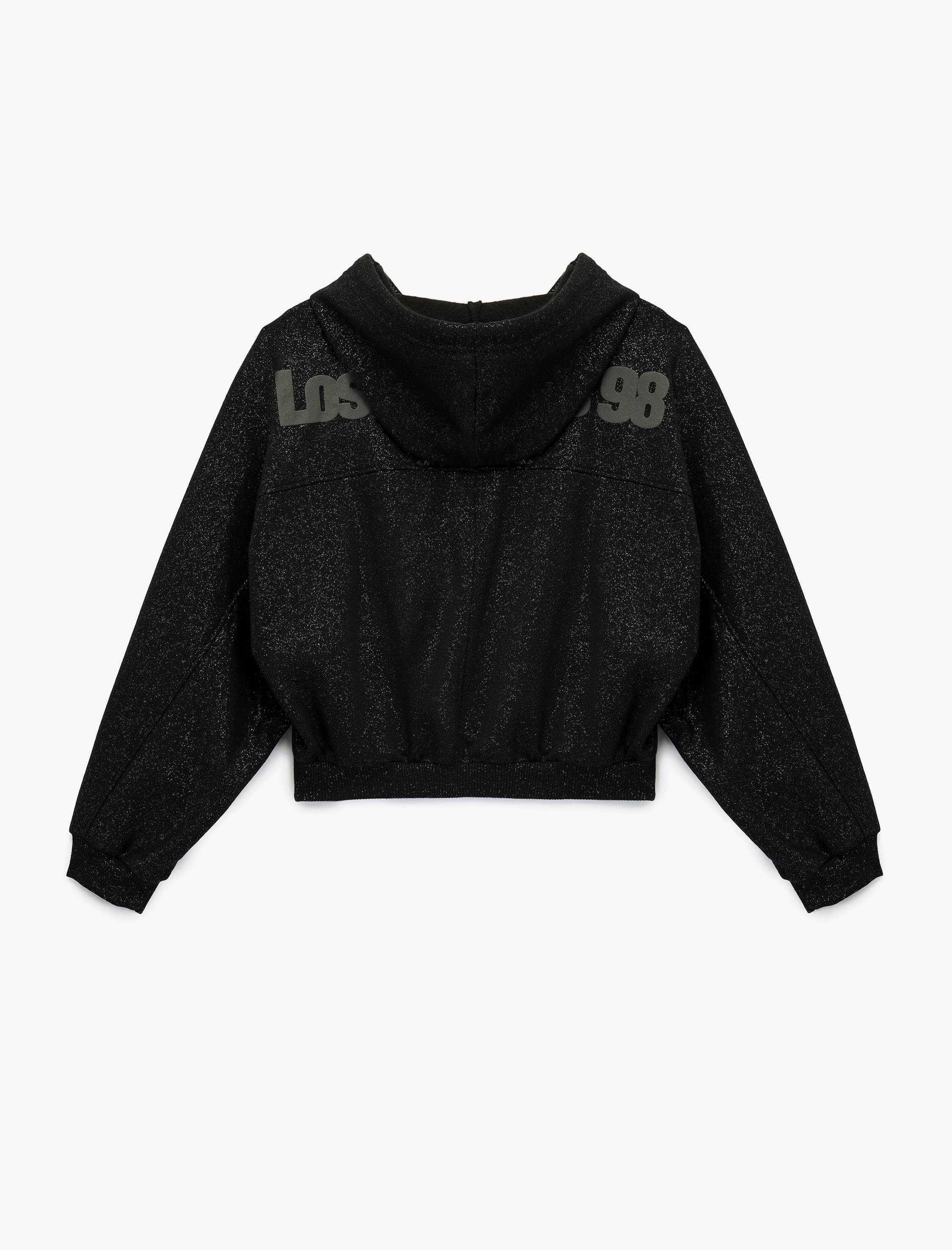 Şardonlu Kapüşonlu Baskılı Simli Cep Detaylı Fermuarlı Sweatshirt