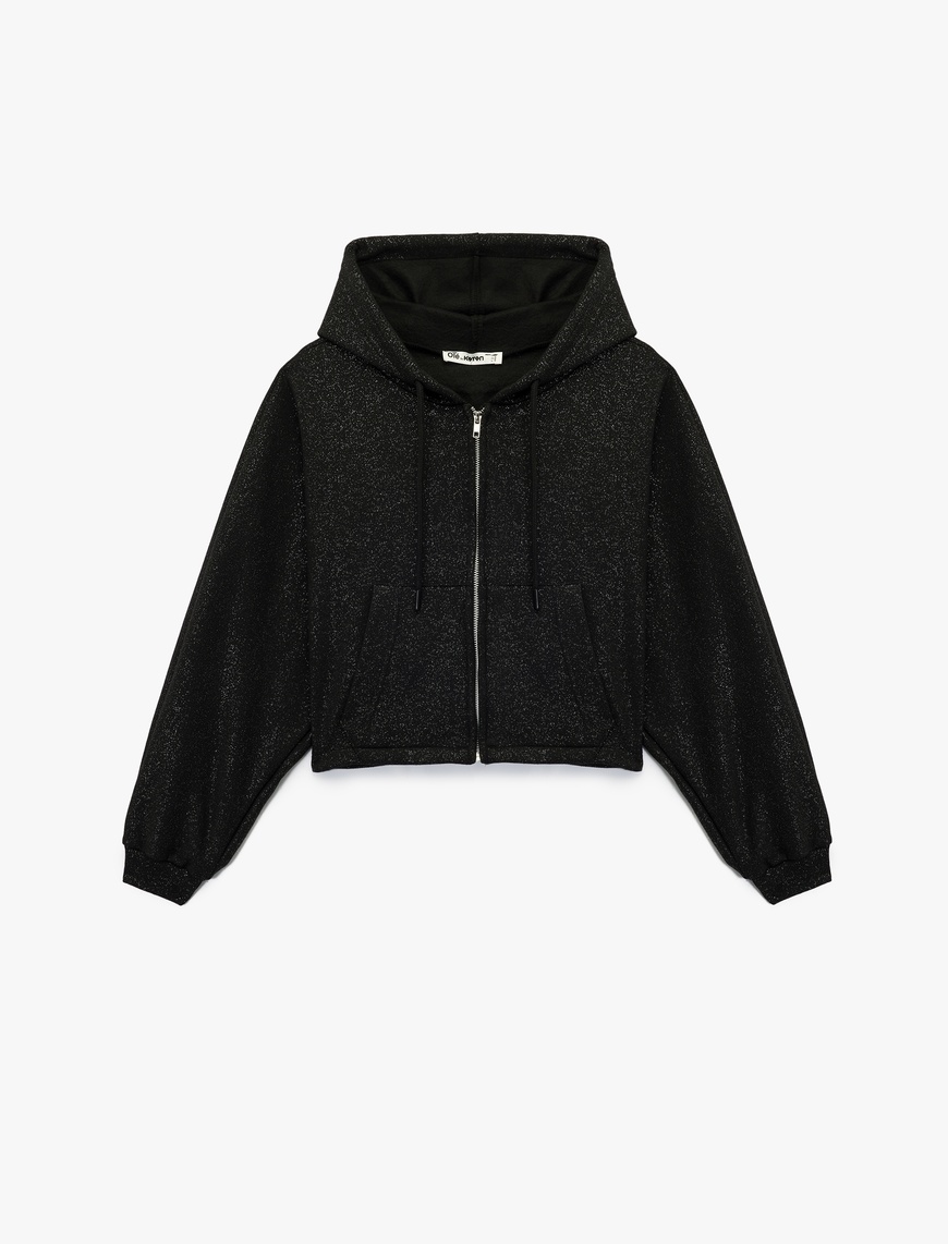   Şardonlu Kapüşonlu Baskılı Cep Detaylı Fermuarlı Sweatshirt