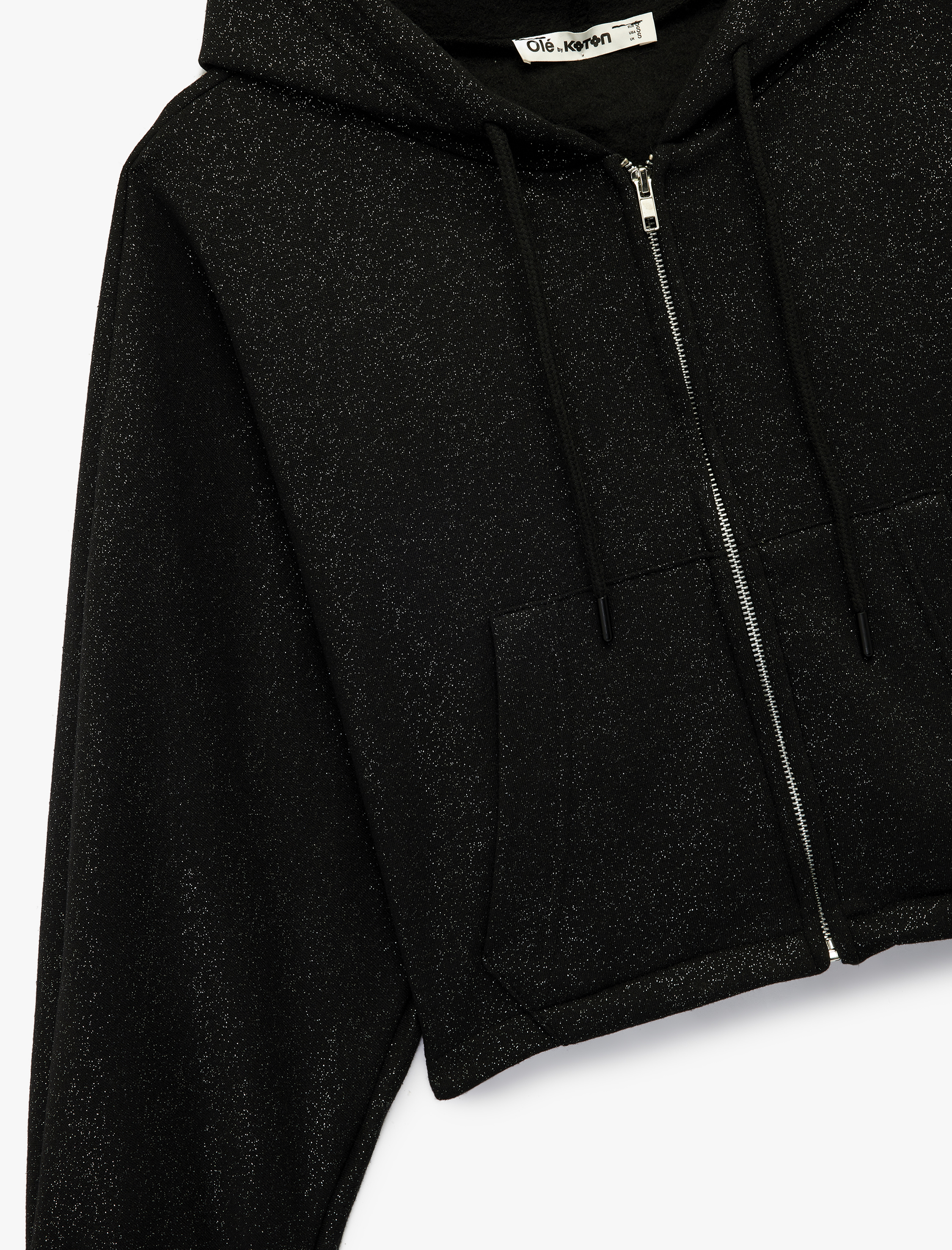Şardonlu Kapüşonlu Baskılı Simli Cep Detaylı Fermuarlı Sweatshirt
