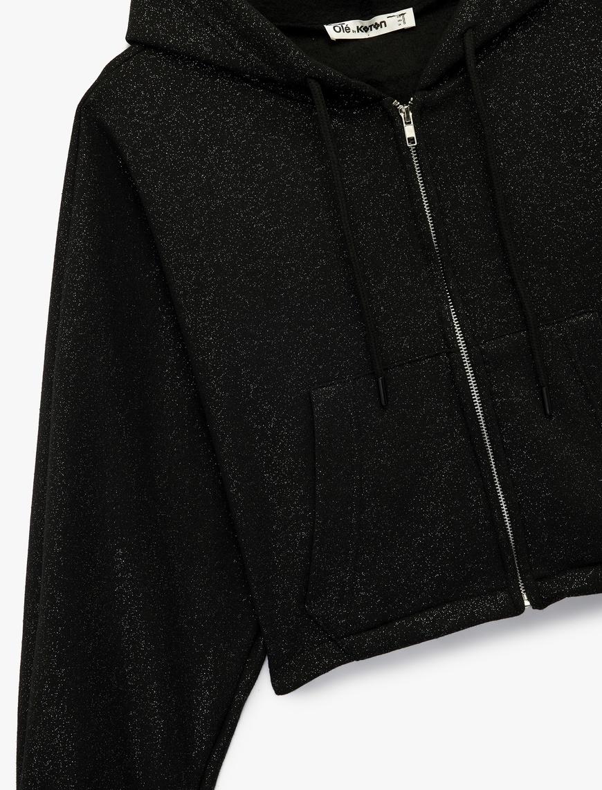   Şardonlu Kapüşonlu Baskılı Cep Detaylı Fermuarlı Sweatshirt