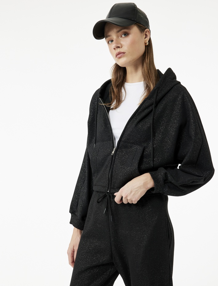  Şardonlu Kapüşonlu Baskılı Simli Cep Detaylı Fermuarlı Sweatshirt