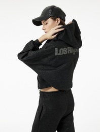 Şardonlu Kapüşonlu Baskılı Cep Detaylı Fermuarlı Sweatshirt