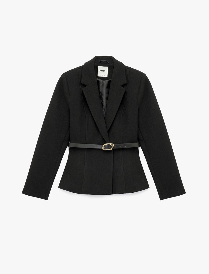  Uzun Kollu Kemer Detaylı Peplum Blazer Ceket