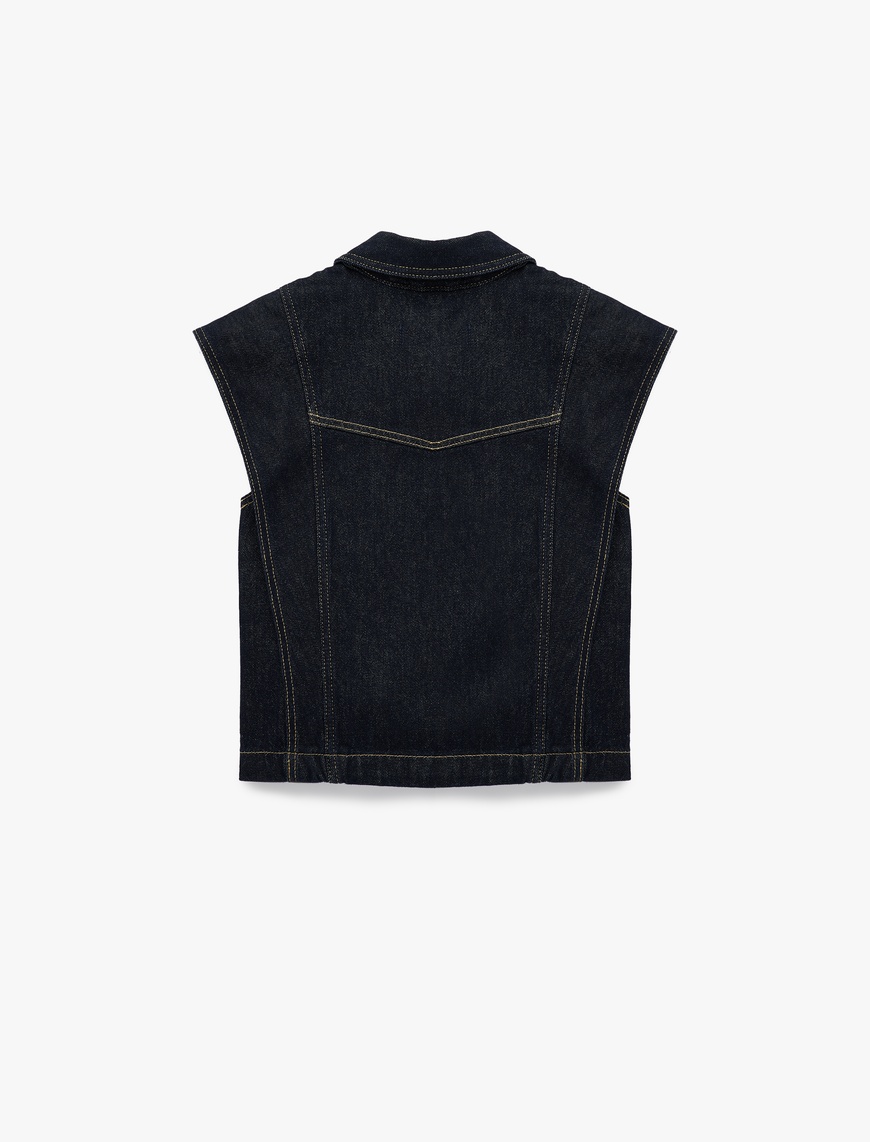  Klasik Yaka Dikiş Detaylı Pamuklu Düğmeli Denim Yelek