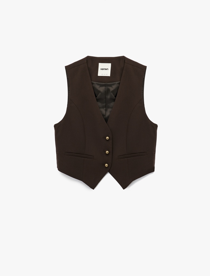  Slim Fit V Yaka Düğmeli Crop Blazer Yelek