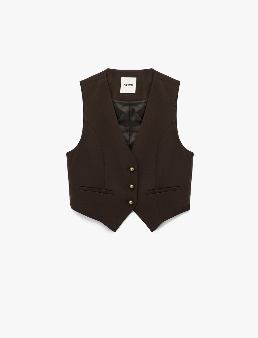   Slim Fit V Yaka Düğmeli Crop Blazer Yelek