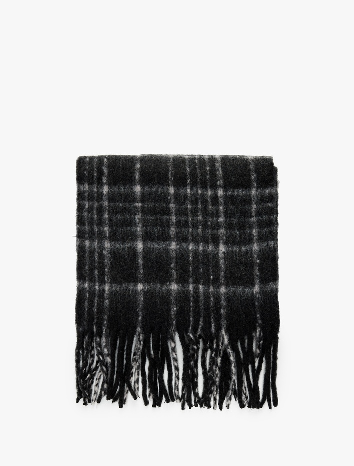 Kadın Yün Karışımlı Ekoseli Püsküllü Uzun Atkı