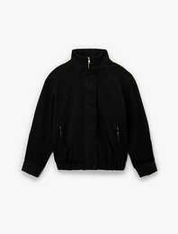 Uzun Kollu Cepli Dik Yaka Fermuarlı Crop Kaşe Bomber Mont