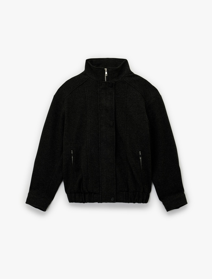  Uzun Kollu Cepli Dik Yaka Fermuarlı Crop Kaşe Bomber Mont
